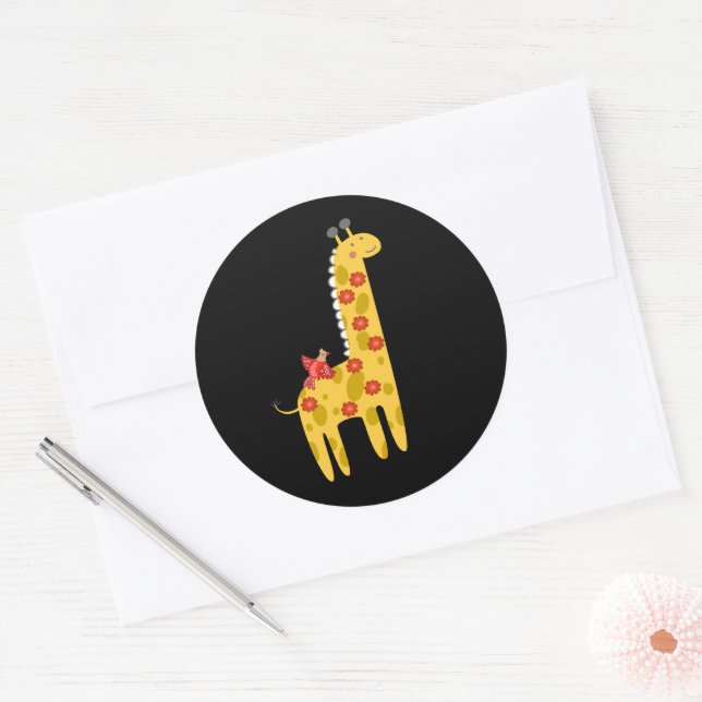 Niedliche Giraffe & Bird-Blume Gelb rot auf Schwar Runder Aufkleber (Umschlag)