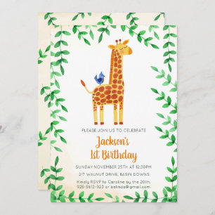 Niedliche Giraffe & Bird zum Geburtstag Einladung