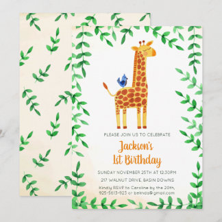 Niedliche Giraffe & Bird zum Geburtstag Einladung