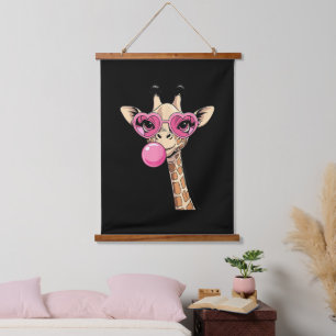 Niedliche Giraffe bläst rosa Kaugummi Sonnenbrille Wandteppich Mit Holzrahmen