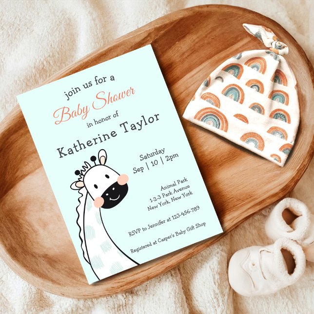Niedliche Giraffe Blue Baby Dusche Einladung (Cute Giraffe Baby Shower Invitation, Safari Animal Theme)