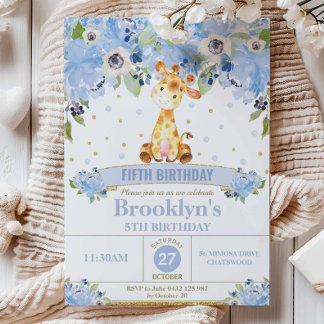 Niedliche Giraffe Blue Floral Geburtstagsparty Einladung