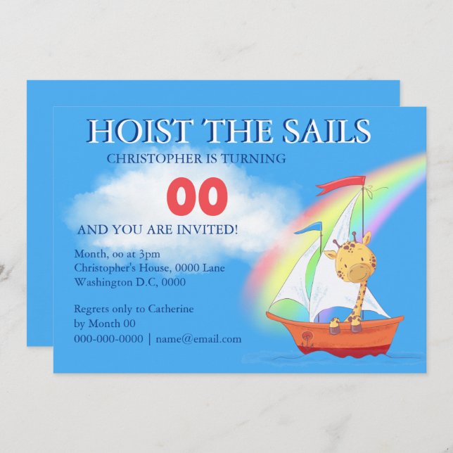 Niedliche Giraffe Cartoon Segelboot Regenbogen Par Einladung (Vorne/Hinten)
