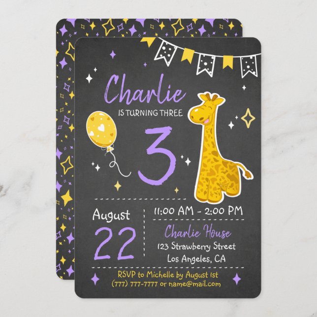 Niedliche Giraffe | Einladung zum Geburtstag Chalk (Vorne/Hinten)