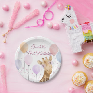 Niedliche Giraffe farbenfrohe Balloon Girl 1. Gebu Pappteller