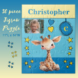 Niedliche Giraffe Foto Name Blau-Gelbe Kinder Puzzle<br><div class="desc">30 Stück Puzzle für Kinder. Mit einer niedlichen Giraffe,  mit Stars und Lieben. Fügen Sie einen Namen,  ein Initial und ein Foto hinzu. Farbschema: blaue und gelbe Geschenkidee für Kinder.</div>