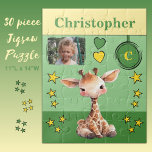 Niedliche Giraffe Foto Name Grün-Gelb-Kinder Puzzle<br><div class="desc">30 Stück Puzzle für Kinder. Mit einer niedlichen Giraffe,  mit Stars und Lieben. Fügen Sie einen Namen,  ein Initial und ein Foto hinzu. Farbschema: Grün und Gelb Geschenkidee für Kinder.</div>