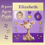 Niedliche Giraffe Foto Name lila Gelbe Kinder Puzzle<br><div class="desc">30 Stück Puzzle für Kinder. Mit einer niedlichen Giraffe,  mit Stars und Lieben. Fügen Sie einen Namen,  ein Initial und ein Foto hinzu. Farbschema: lila und gelbe Geschenkidee für Kinder.</div>