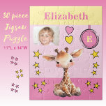 Niedliche Giraffe Foto Name Rosa Gelbe Kinder Puzzle<br><div class="desc">30 Stück Puzzle für Kinder. Mit einer niedlichen Giraffe,  mit Stars und Lieben. Fügen Sie einen Namen,  ein Initial und ein Foto hinzu. Farbschema: rosa und gelb Geschenkidee für Kinder.</div>