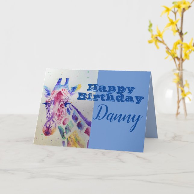 Niedliche Giraffe Happy Birthday Boys Kinder Name  Karte (Gelbe Blume)