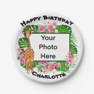 Niedliche Giraffe, hübsch rosa tropischer Regenwal Pappteller