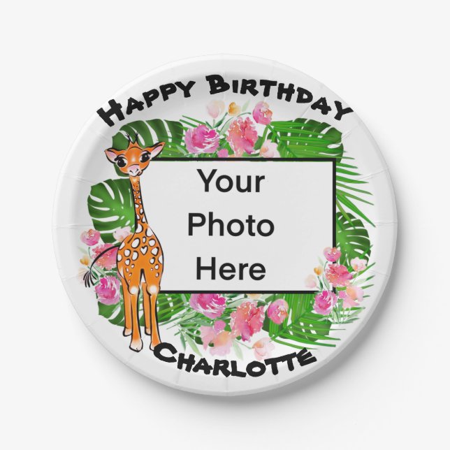Niedliche Giraffe, hübsch rosa tropischer Regenwal Pappteller (Vorderseite)