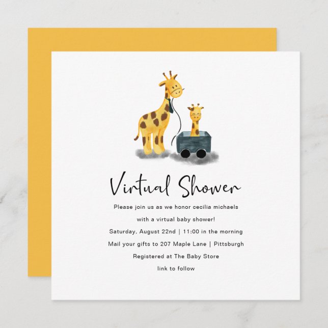 Niedliche Giraffe Illustration Virtual Baby Shower Einladung (Vorne/Hinten)