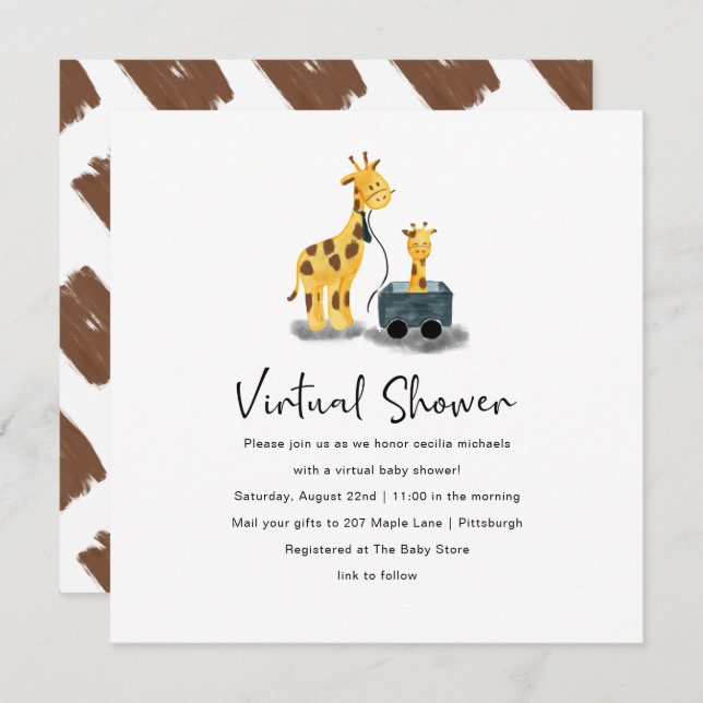 Niedliche Giraffe Illustration Virtual Baby Shower Einladung (Vorne/Hinten)