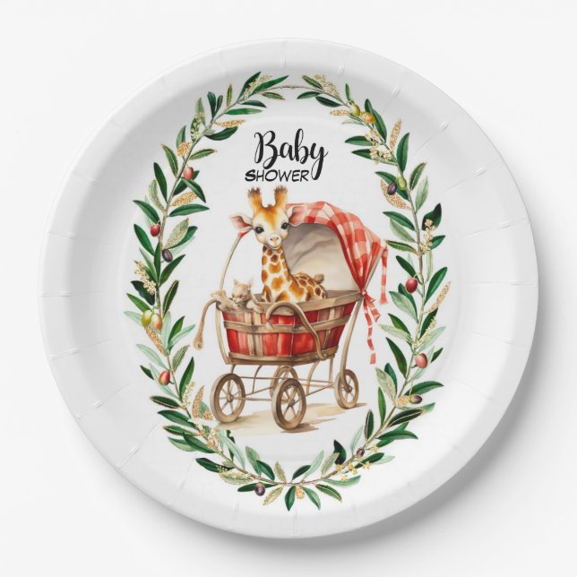 Niedliche Giraffe in Carriage Winter Baby Shower Pappteller (Vorderseite)