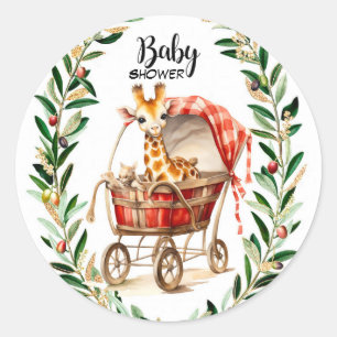 Niedliche Giraffe in Carriage Winter Baby Shower Runder Aufkleber