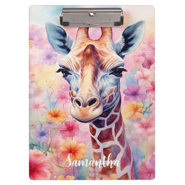 Niedliche Giraffe in rosa Blume Klemmbrett (Vorderseite)