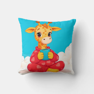 Niedliche Giraffe in roten Pyjamas hält Tasse Kissen