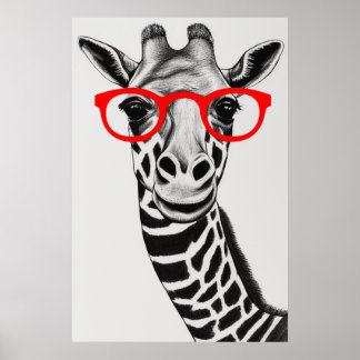 Niedliche Giraffe in roter Brille Zeichnend Illust Poster