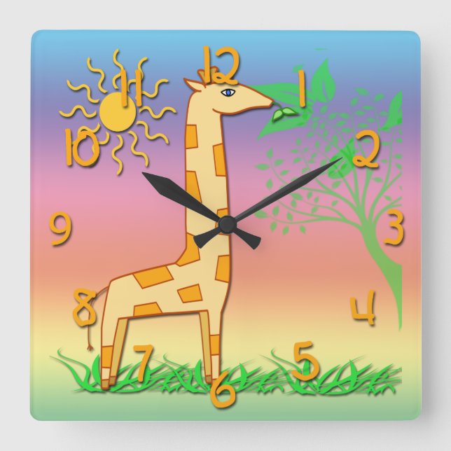 Niedliche Giraffe Kid's Square Wall Clock Quadratische Wanduhr (Vorderseite)