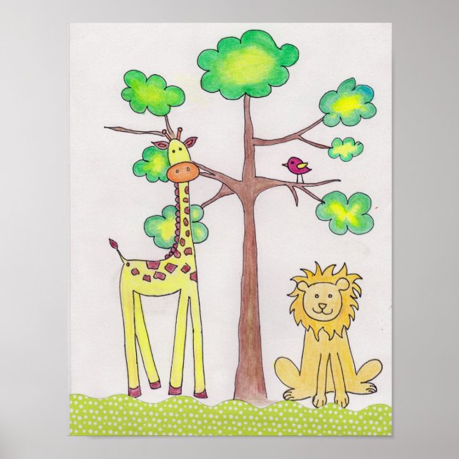 Niedliche Giraffe Löwe Illustration Kinderzimmer A Poster (Vorne)
