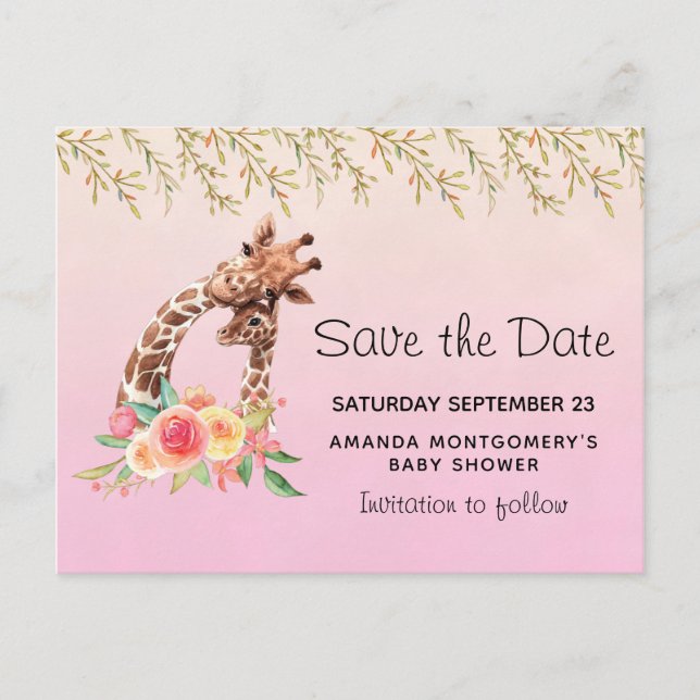 Niedliche Giraffe Mama & Baby Save the Date Einladungspostkarte (Vorderseite)