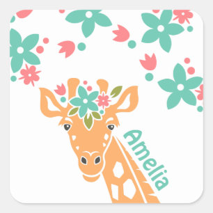 Niedliche Giraffe mit Blume Crown Personalisiert Quadratischer Aufkleber