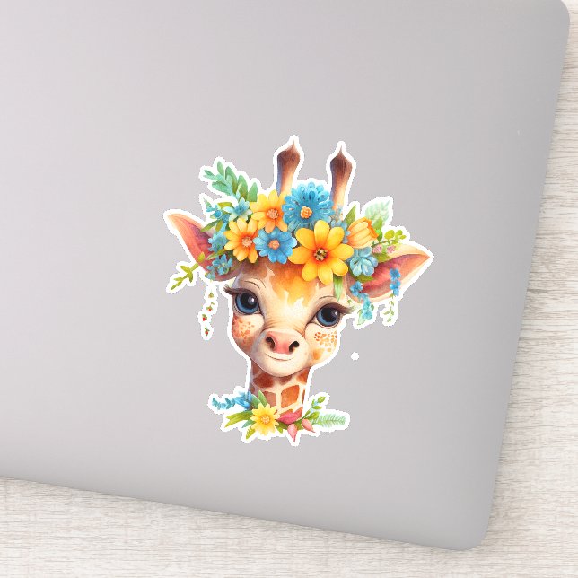 Niedliche Giraffe mit Blumenkrone Aufkleber (Detail)