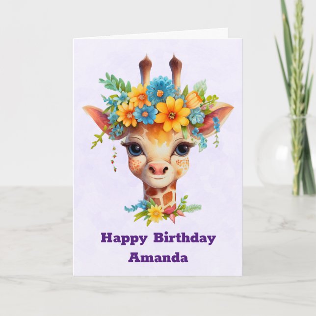 Niedliche Giraffe mit Blumenkrone Geburtstag Karte (Vorderseite)