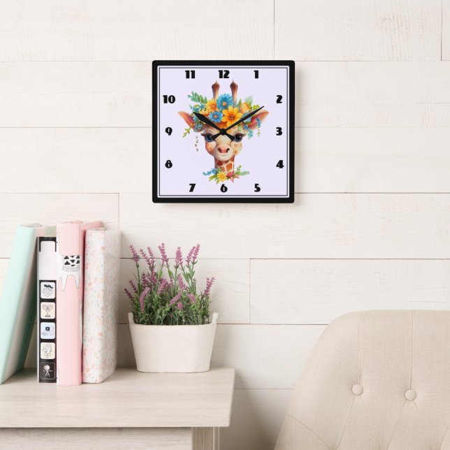 Niedliche Giraffe mit Blumenkrone Quadratische Wanduhr (Lesesaal)