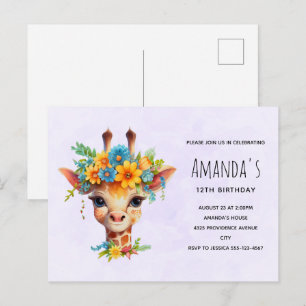 Niedliche Giraffe mit Blumenkronen zum Geburtstag Postkarte