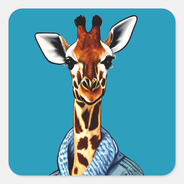 Niedliche Giraffe mit Denim Jacket Quadratischer Aufkleber (Vorderseite)