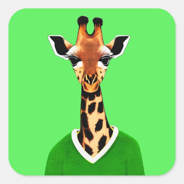 Niedliche Giraffe mit einem grünen Pullover Quadratischer Aufkleber (Vorderseite)