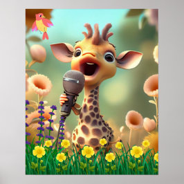 Niedliche Giraffe mit Mikrofon im Garten von Blume Poster