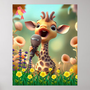 Niedliche Giraffe mit Mikrofon im Garten von Blume Poster