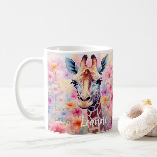 Niedliche Giraffe mit rosa Blume Kaffeetasse (Mit Donut)
