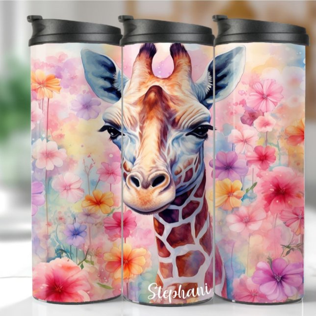 Niedliche Giraffe mit rosa Blume Tumbler Thermosbecher (Von Creator hochgeladen)