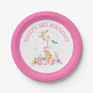 Niedliche Giraffe Pink Florals Girls 3. Geburtstag Pappteller