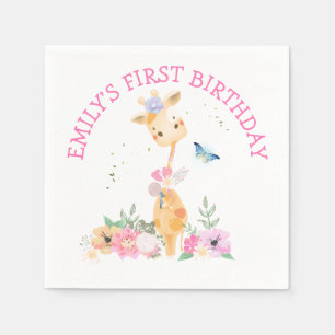 Niedliche Giraffe Rosa Blume Mädchen 1. Geburtsta Serviette