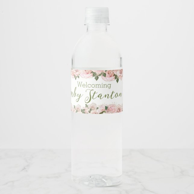 Niedliche Giraffe Rose Babydusche Wasserflasche Wasserflaschenetikett (Vorderseite)