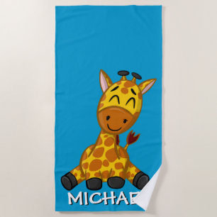 Niedliche Giraffe Safari Cartoon Jungle Name Blau Strandtuch