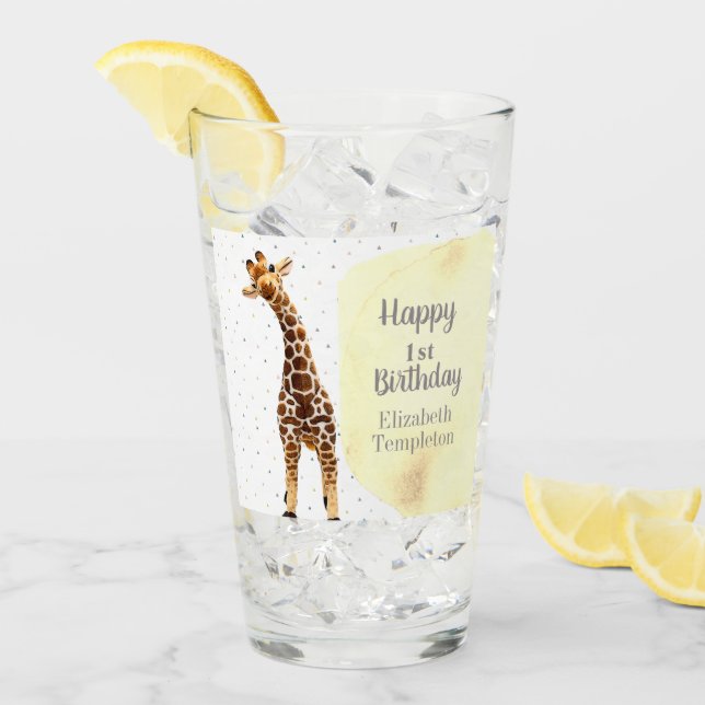 Niedliche Giraffe Safari Wild Yellow 1. Geburtstag Glas (Vorderseite Ice)