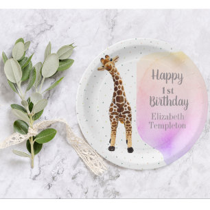 Niedliche Giraffe Safari Wild Yellow 1. Geburtstag Pappteller