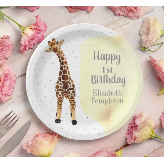 Niedliche Giraffe Safari Wild Yellow 1. Geburtstag Pappteller (Von Creator hochgeladen)