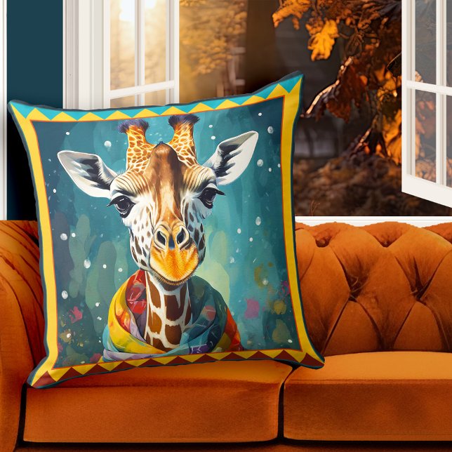 Niedliche Giraffe Tierart Kissen (Pillow featuring a painting of a cute and colorful giraffe - fine art - winter gift)