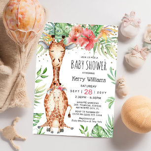 Niedliche Giraffe & tropische Vegetation Girl Baby Einladung