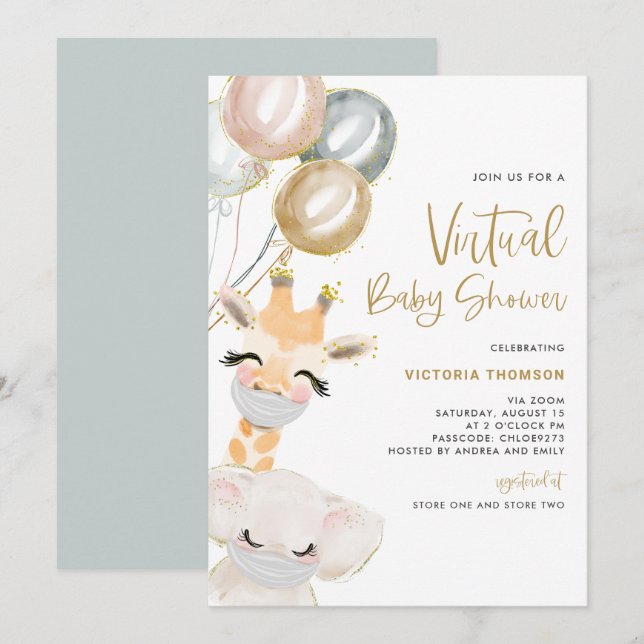 Niedliche Giraffe und Elephant Virtual Baby Shower Einladung (Vorne/Hinten)