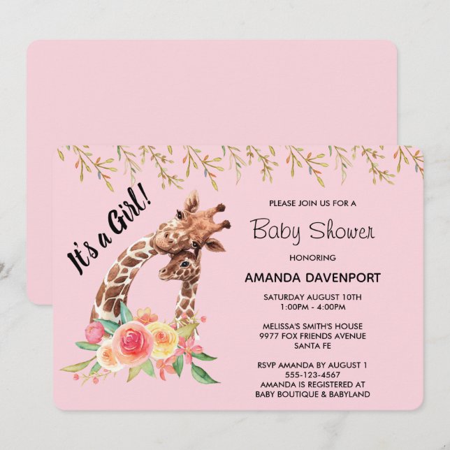 Niedliche Giraffe Wasserfarbe Es ist ein Mädchen!  Einladung (Vorne/Hinten)