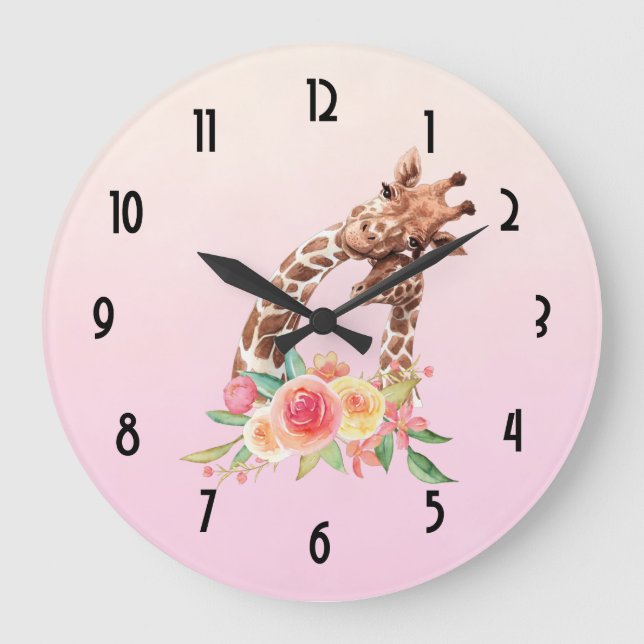 Niedliche Giraffe Wasserfarben Mama & Baby Große Wanduhr (Vorderseite)