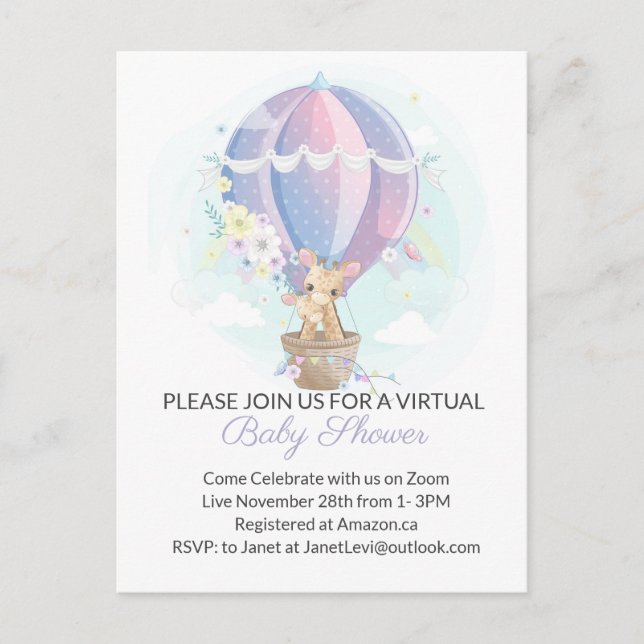 Niedliche Giraffen in Heißluftballon Babydusche Postkarte (Vorderseite)